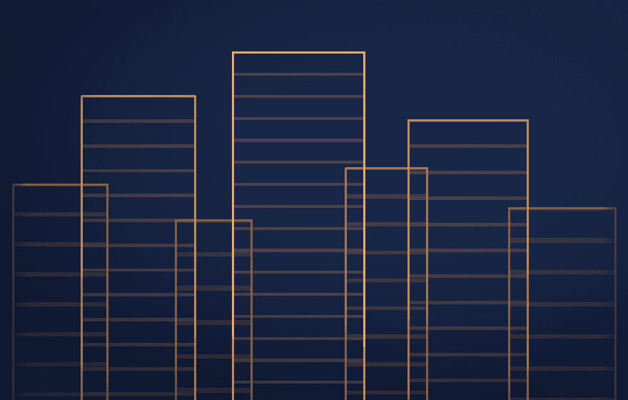 An abstract skyline of outlined towers with floor bands